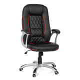 Sedia da gaming RELAX AB100 nera con cuciture decorative rosse, trapuntatura e base a cinque ruote di MyBuero – vista a 360° (vista frontale 20°)
