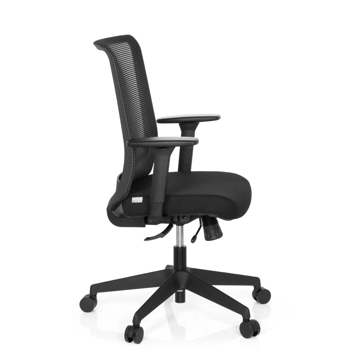 Sedia da ufficio professionale CONISTON nera con schienale in rete e base a cinque ruote di hjh OFFICE – vista a 360° (profilo laterale 80°)