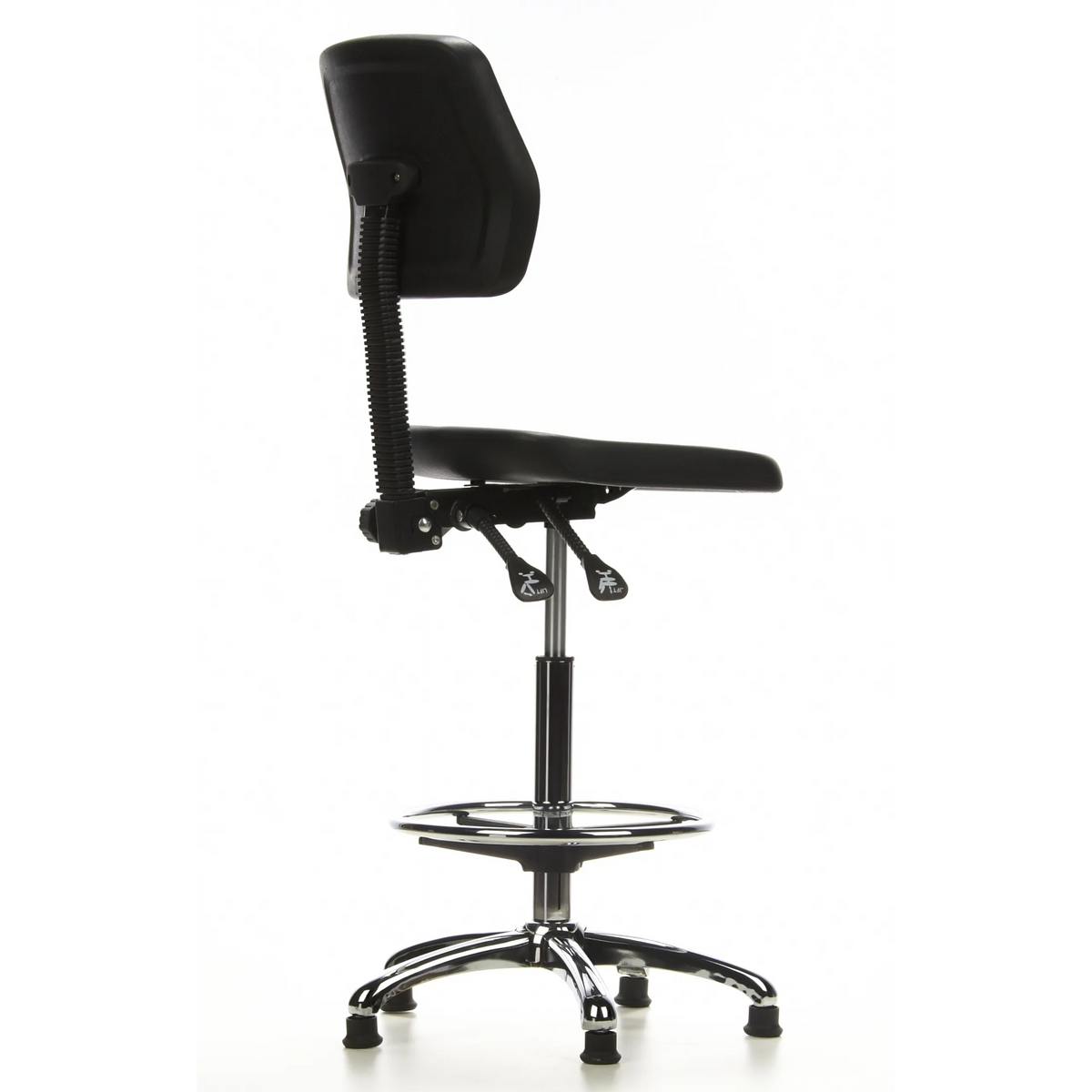 Sedia da banco TOP WORK 11 nera con poggiapiedi e base a cinque razze di hjh OFFICE – vista a 360° (vista posteriore a tre quarti 120°)