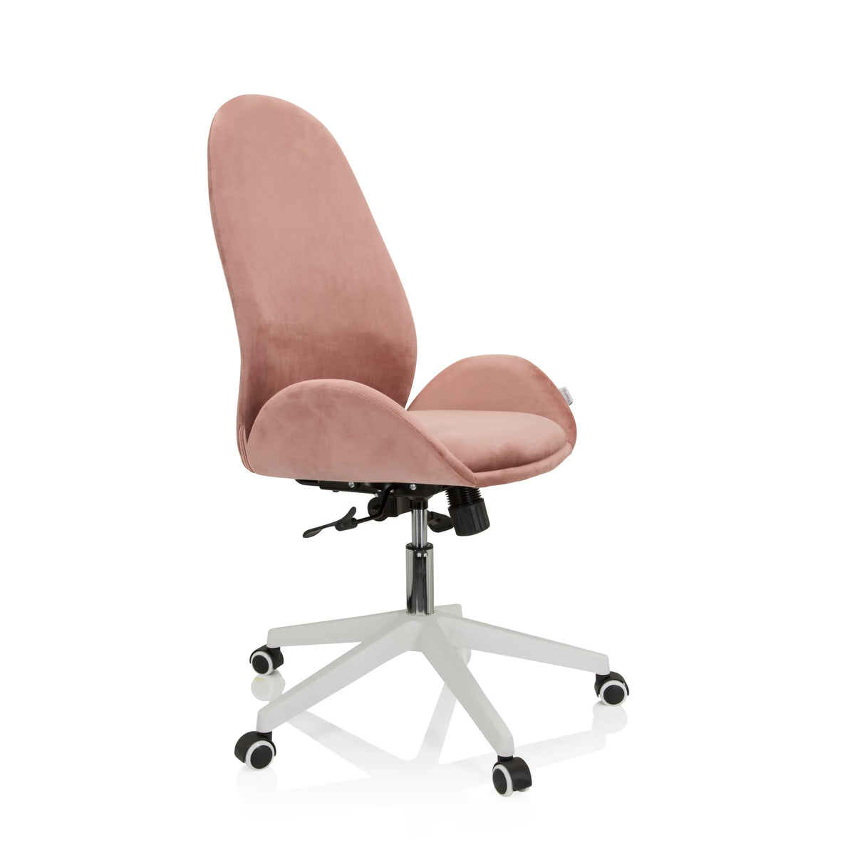 Sedia Home Office AVEA rosa con braccioli e base bianca a cinque ruote di hjh OFFICE – vista a 360° (vista frontale a tre quarti 60°)