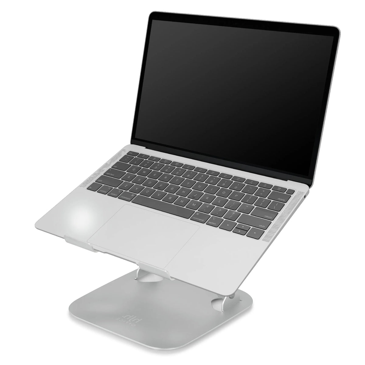 Supporto per LAPTOP STAND argento con un laptop posizionato sopra in posizione inclinata di hjh OFFICE