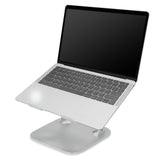 Supporto per LAPTOP STAND argento con un laptop posizionato sopra in posizione inclinata di hjh OFFICE