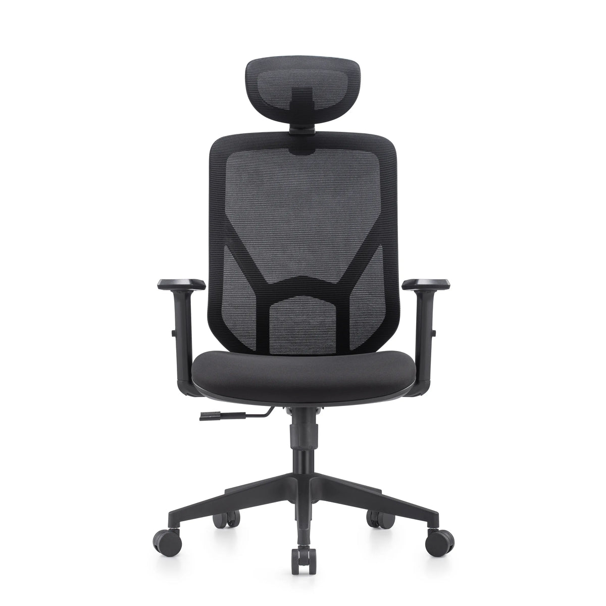 Sedia Home Office BLACORE in nero con schienale in rete, poggiatesta e braccioli regolabili di MyBuero