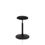 Schwarze Stehhilfe BALANCE SIT mit rundem Sitzpolster und kreisförmigem Standfuß von hjh OFFICE – 360-Grad-Ansicht (schräge Frontansicht 40°)
