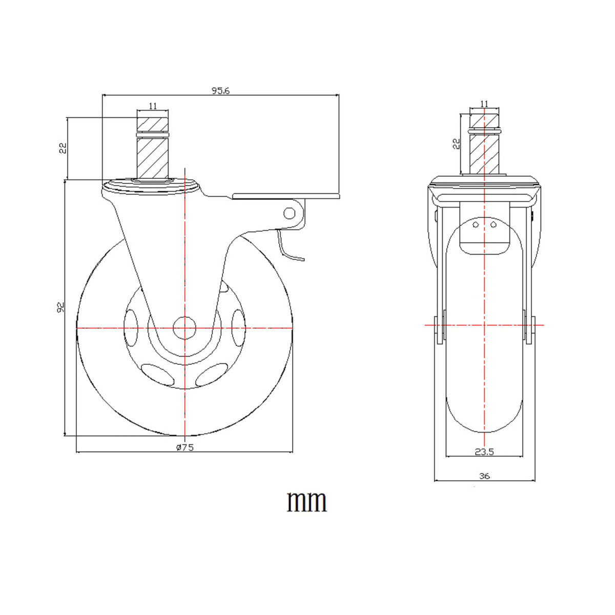 Disegno tecnico di una rotella per sedia 5x ROLO SKATE CT 11mm/75mm con un diametro di 75 mm di hjh OFFICE