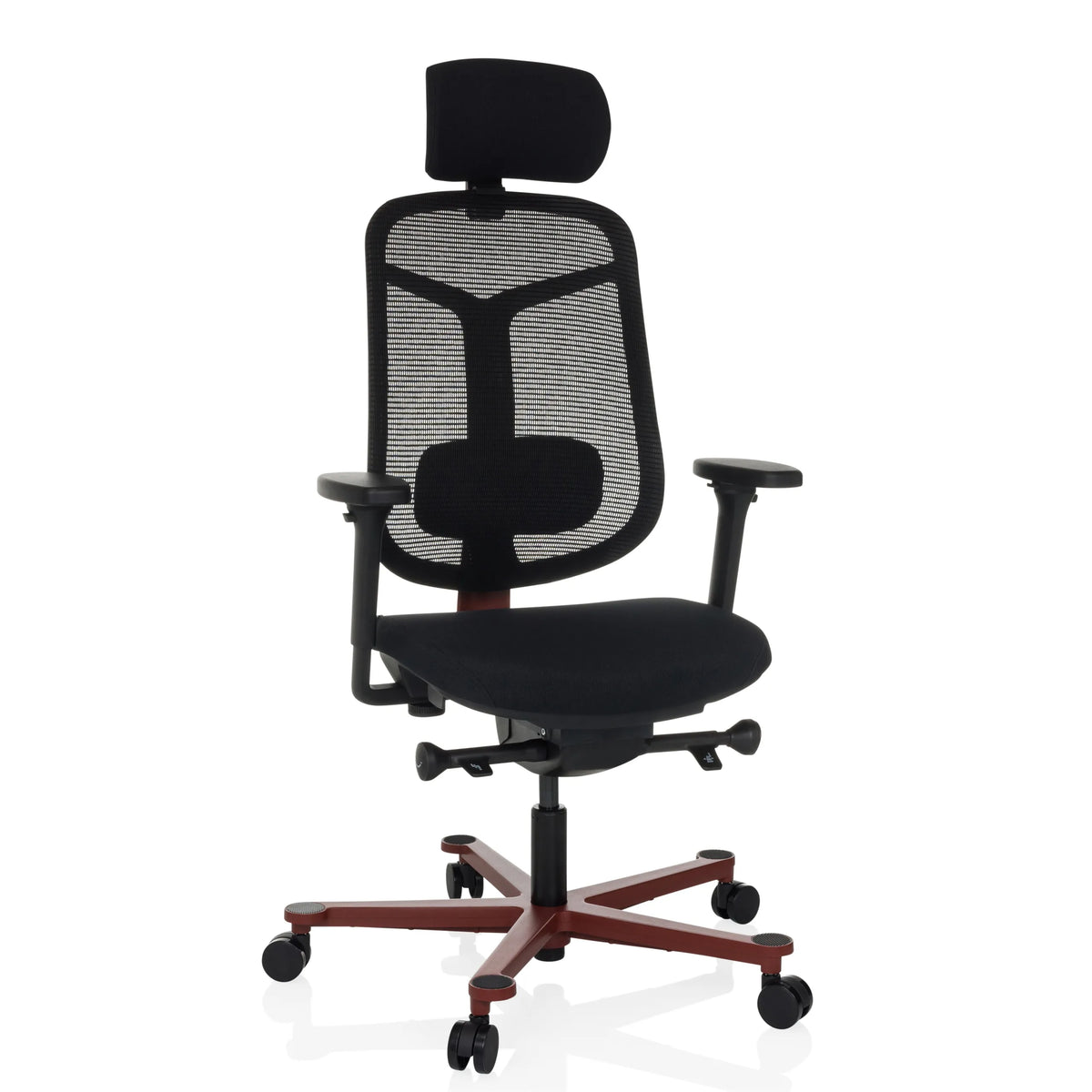Sedia da ufficio high-end BICOLORE HIGH nera con schienale in rete, poggiatesta e base rossa a cinque ruote di hjh OFFICE – vista a 360° (vista frontale 15°)