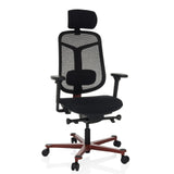 Sedia da ufficio high-end BICOLORE HIGH nera con schienale in rete, poggiatesta e base rossa a cinque ruote di hjh OFFICE – vista a 360° (vista frontale 15°)