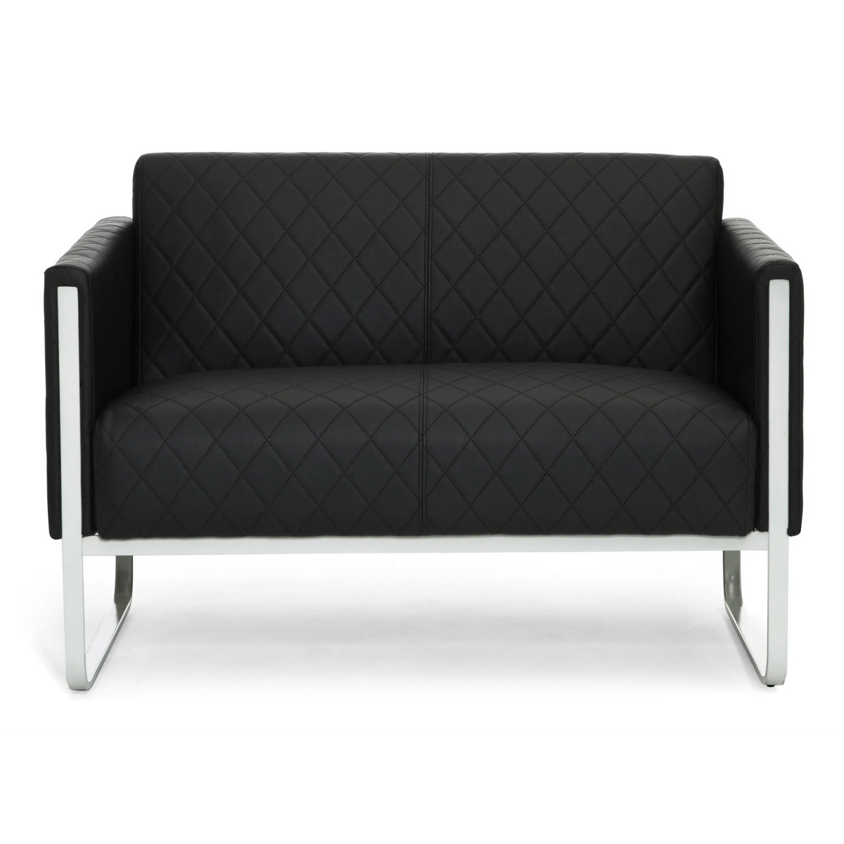 Schwarzes Loungesofa ARUBA STEP als Zweisitzer mit Rautensteppung und Metallgestell von hjh OFFICE – 360-Grad-Ansicht (Frontansicht 0°)