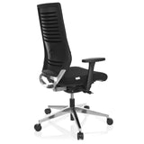 Sedia da ufficio professionale PRO-TEC 700 nera con braccioli e base lucida a cinque ruote di hjh OFFICE – vista a 360° (vista posteriore a tre quarti 120°)