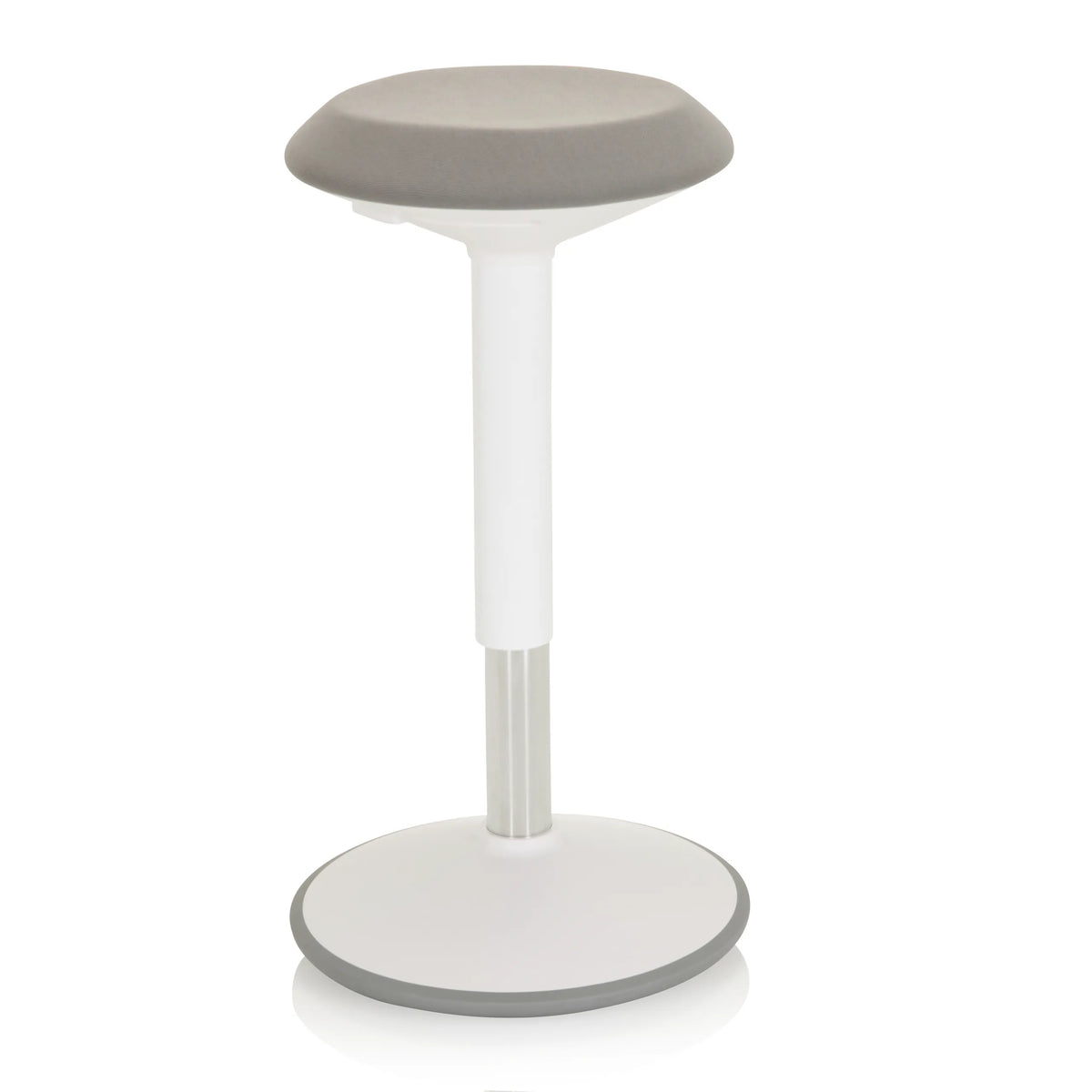 Ausilio per la posizione eretta BALANCE SIT III W bianco con seduta grigia e base rotonda di hjh OFFICE – vista a 360° (vista frontale a tre quarti 40°)
