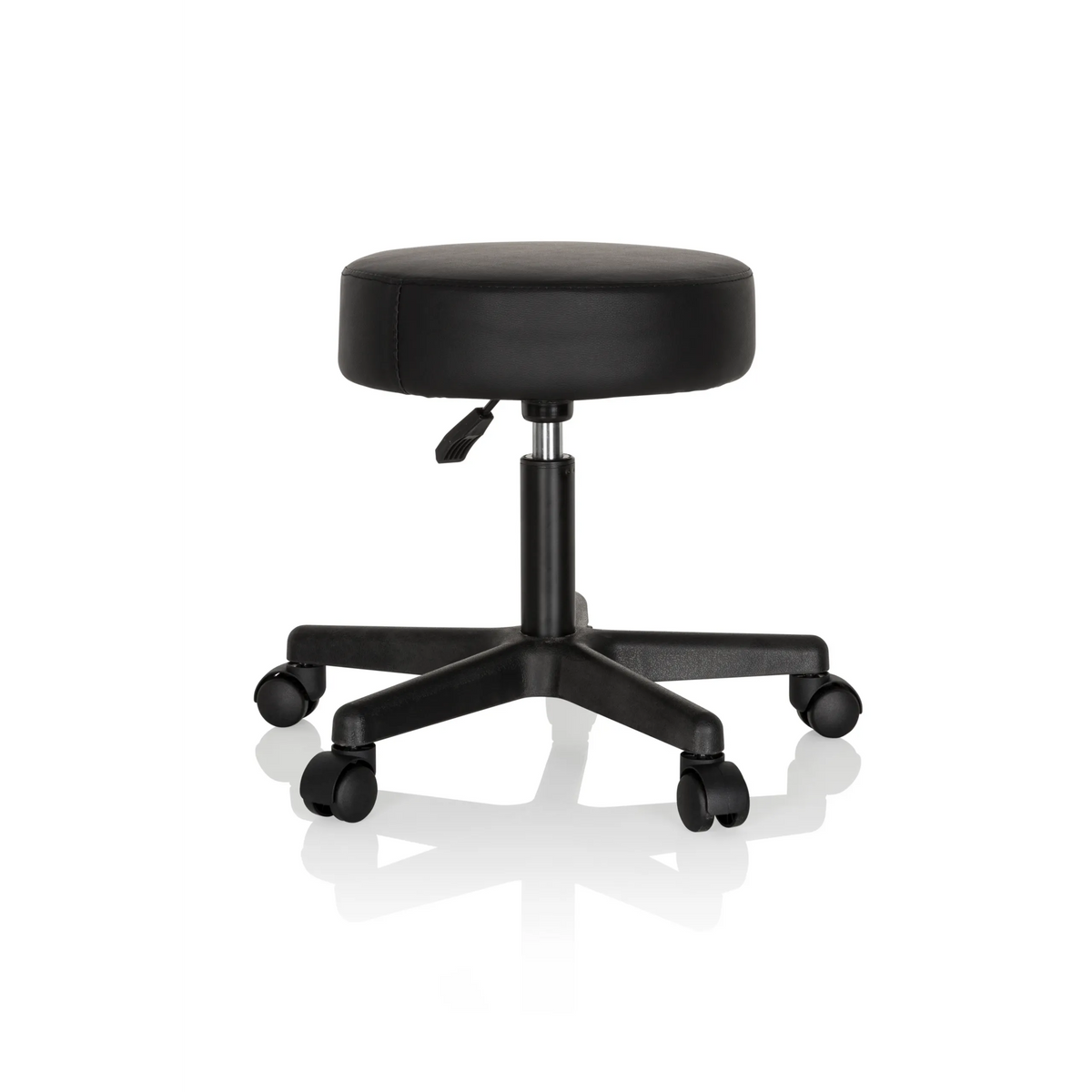 Sgabello girevole nero OPERATOR I con seduta imbottita e base a cinque ruote di hjh OFFICE – vista a 360° (vista posteriore a tre quarti 140°)