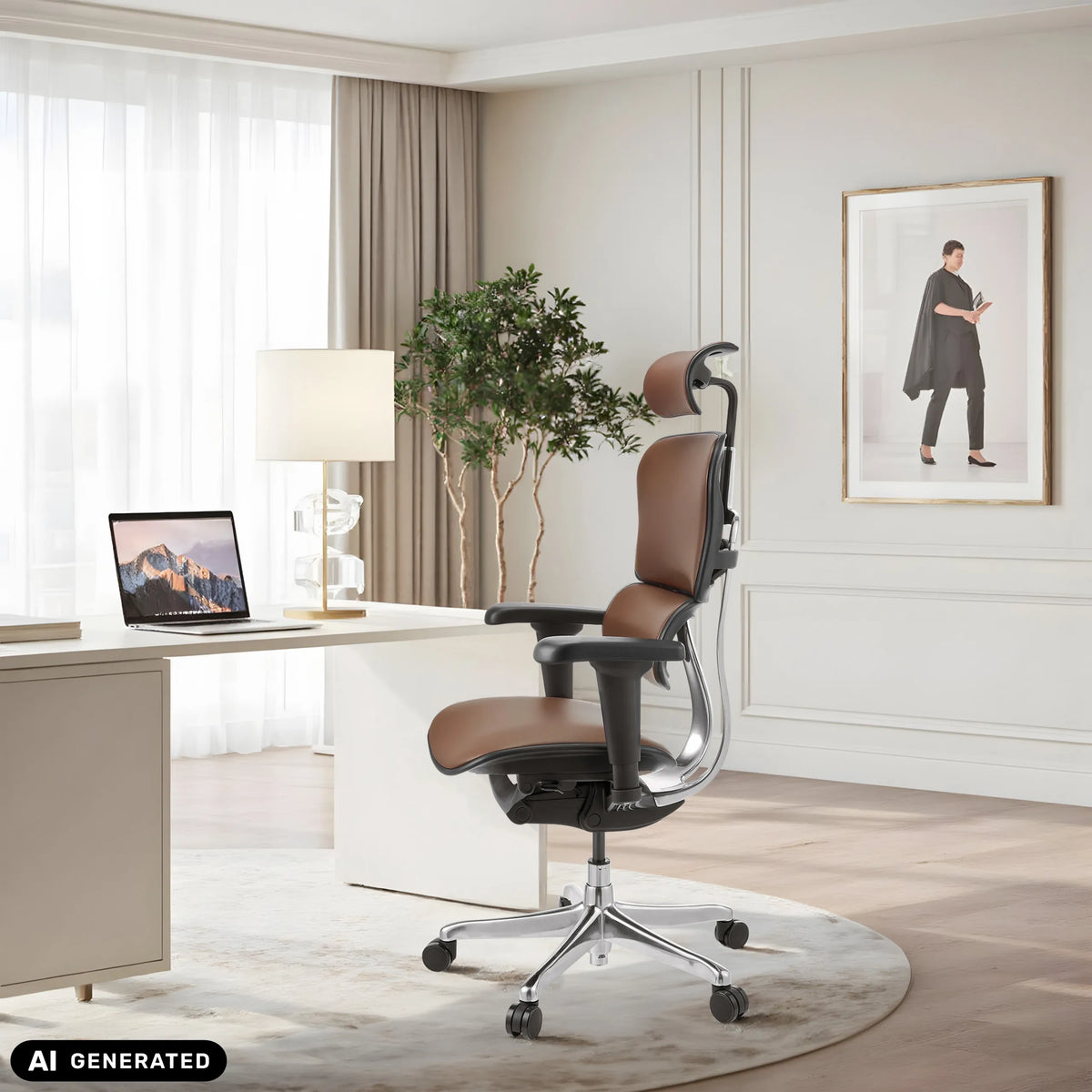 Poltrona di lusso in pelle marrone ERGOHUMAN ULTRA L GEN2 in un ufficio luminoso di hjh OFFICE (immagine generata dall’IA)