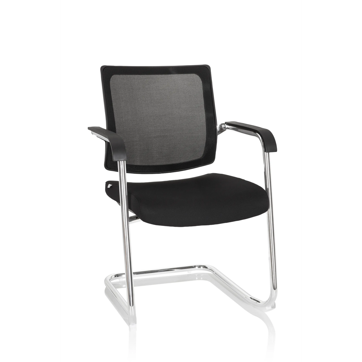 Sedia a sbalzo LEVIA V nera con schienale a rete, braccioli e base a slitta di hjh OFFICE – vista a 360° (vista frontale 20°)
