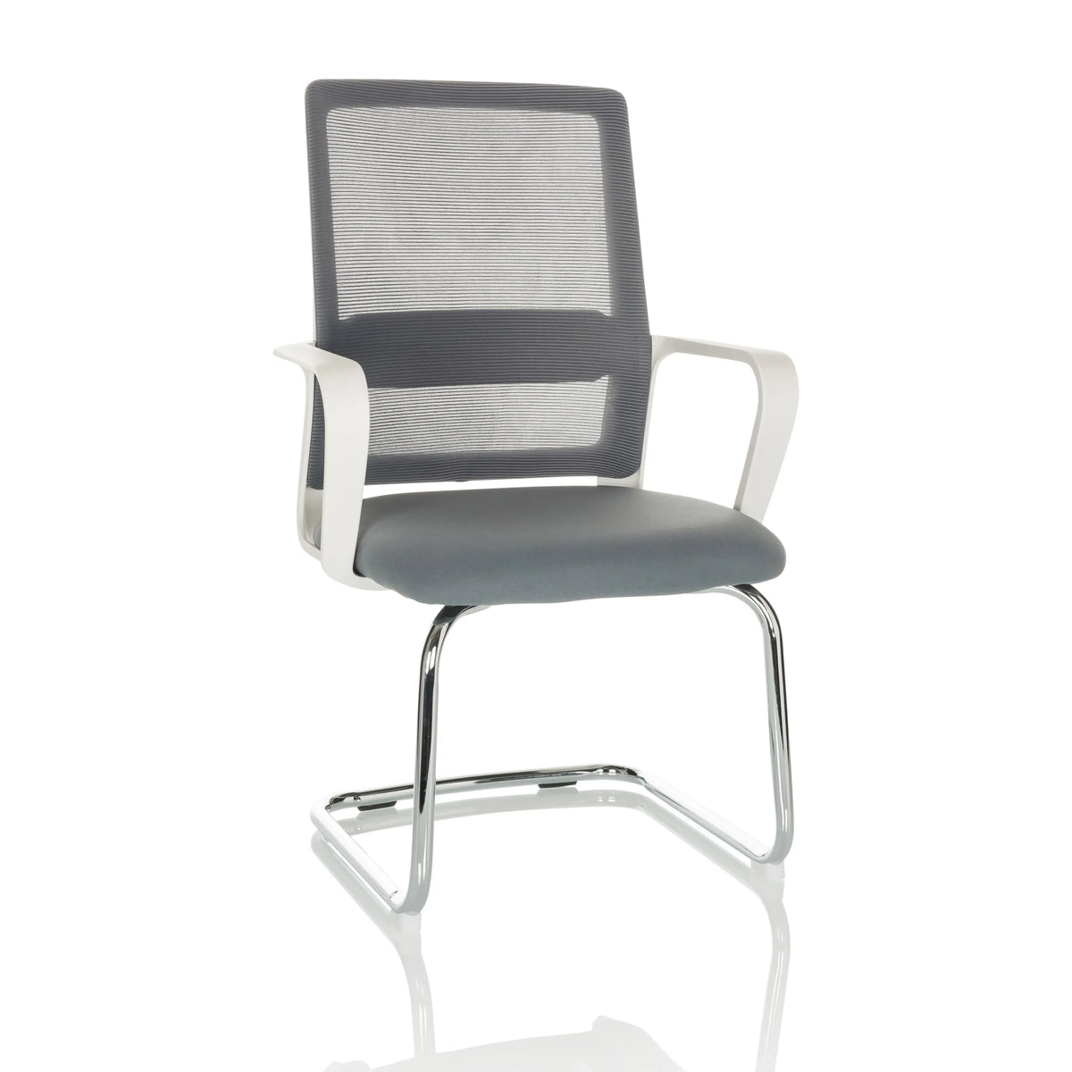 Sedia a sbalzo VISITER W grigia con schienale in rete, braccioli e struttura cromata di hjh OFFICE – vista a 360° (vista frontale 15°)