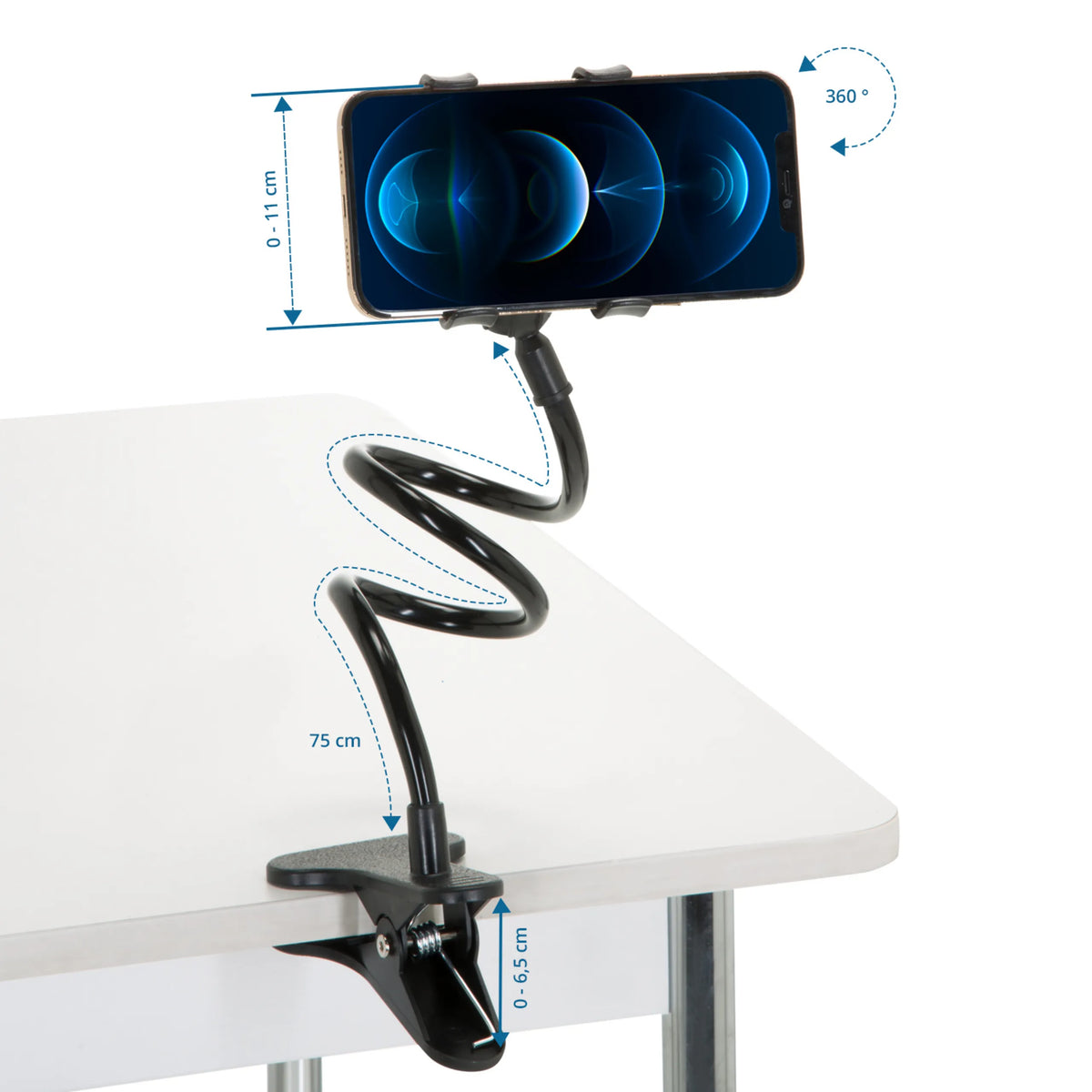 Disegno dimensionale del Supporto per cellulare e tablet FLEXMOBI con lunghezza braccio di 75 cm di hjh OFFICE