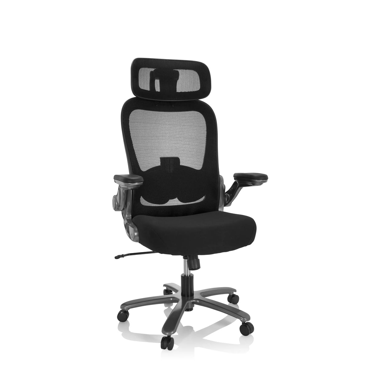 Sedia girevole XXL INSTRUCTOR T I PRO nera con schienale in rete e base a cinque ruote di hjh OFFICE – vista a 360° (vista frontale 20°)