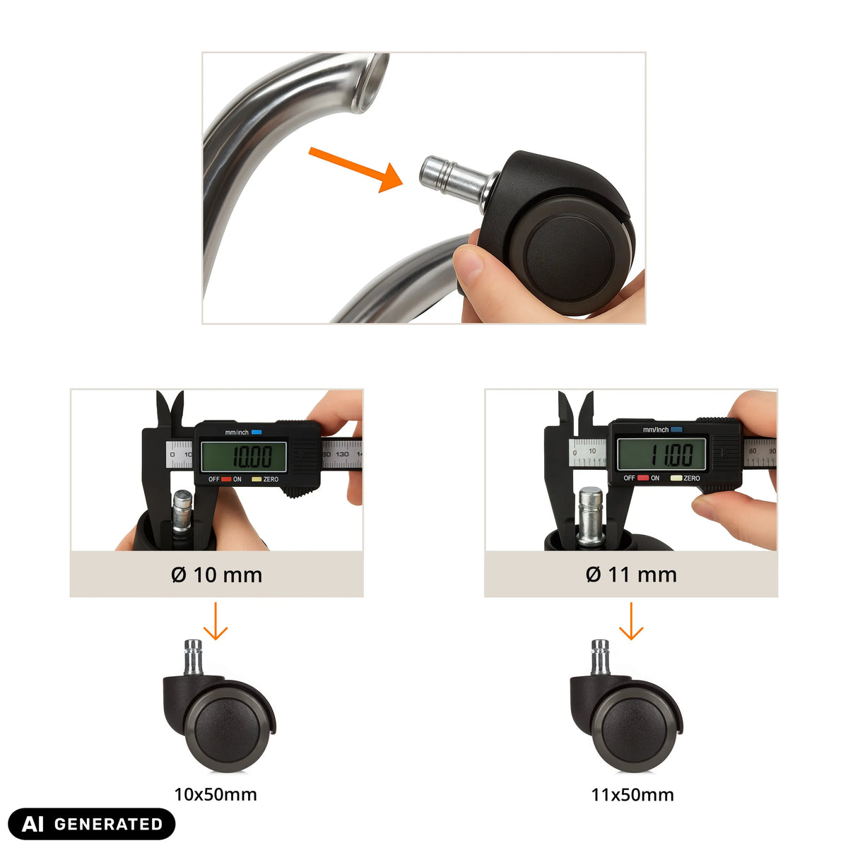 Confronto delle dimensioni delle rotelle per sedia 5x ROLO 11mm/50mm con diametro perno di 10 mm e 11 mm di hjh OFFICE (immagine generata dall’IA)