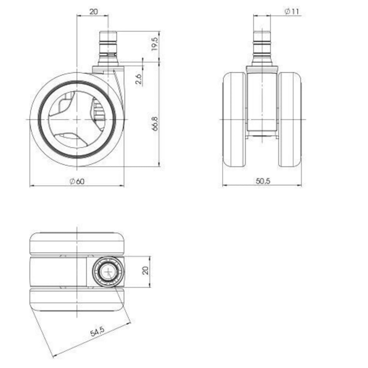 Disegno tecnico delle Rotelle per Sedia 5x ROLO GAME No-Noise 11mm/60mm con un diametro di 60 mm di hjh OFFICE