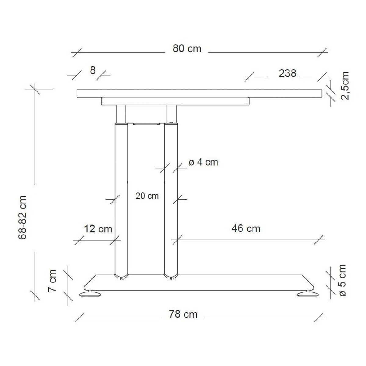 Disegno tecnico della scrivania regolabile in altezza ZENO 8 G con una larghezza di 80 cm di hjh OFFICE PRO