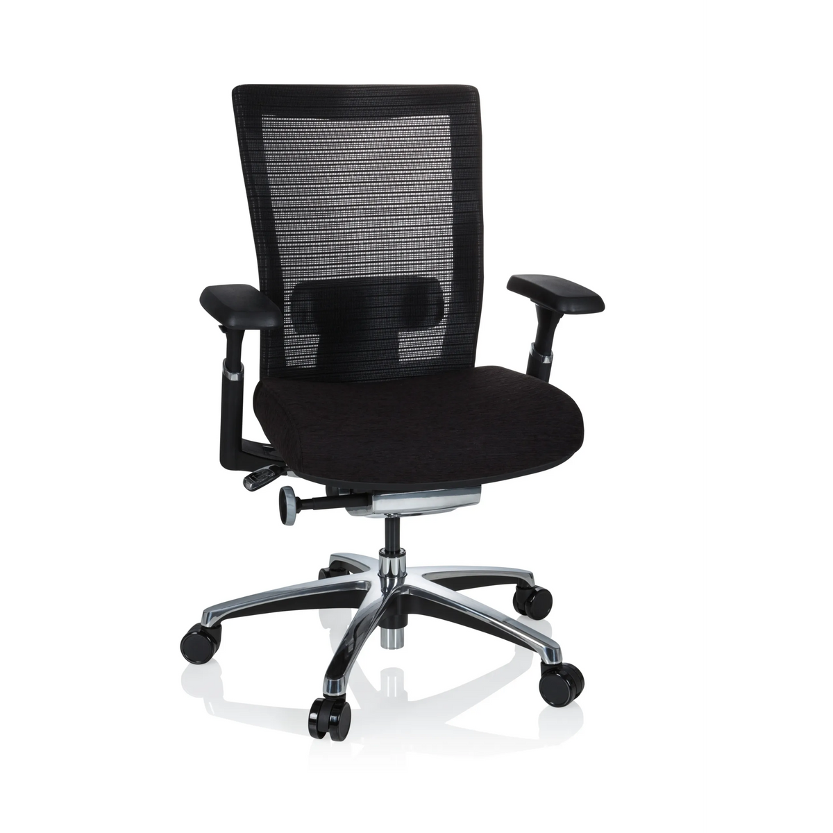 High-end Sedia da ufficio NOVA PRO ALU nera con schienale in rete e base a cinque ruote di hjh OFFICE – vista a 360° (vista frontale 20°)
