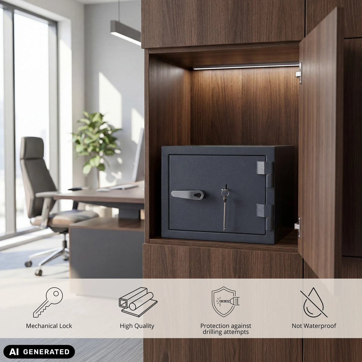 Cassaforte Safe Compact Pro color antracite con serratura meccanica in un armadio di hjh OFFICE (immagine generata dall’IA)