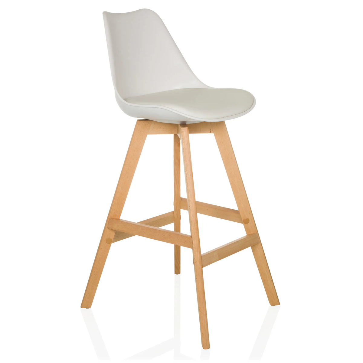 Sgabello da bar bianco SCANDI HIGH con struttura in legno e poggiapiedi di hjh LIVING – vista a 360° (vista frontale a tre quarti 45°)