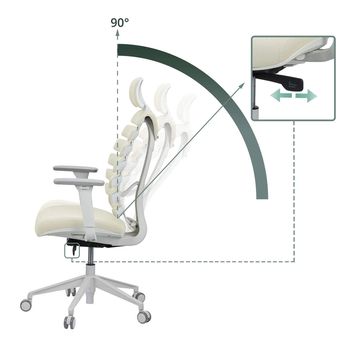 Schienale regolabile della sedia da ufficio professionale ERGO LINE W con un angolo di inclinazione fino a 90° di hjh OFFICE