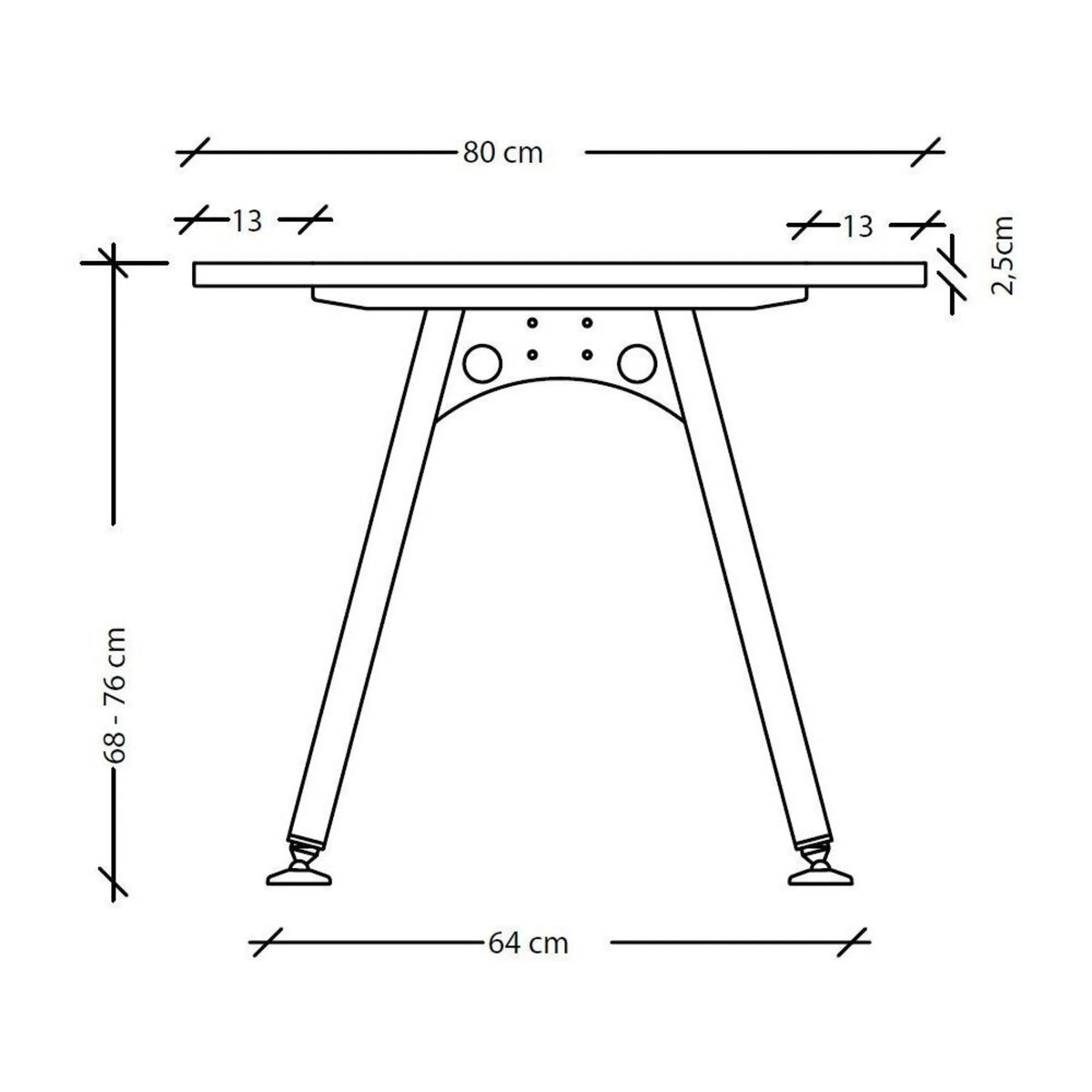 Disegno tecnico della scrivania ATOS 8 S con larghezza di 80 cm e altezza di 68-76 cm di hjh OFFICE PRO