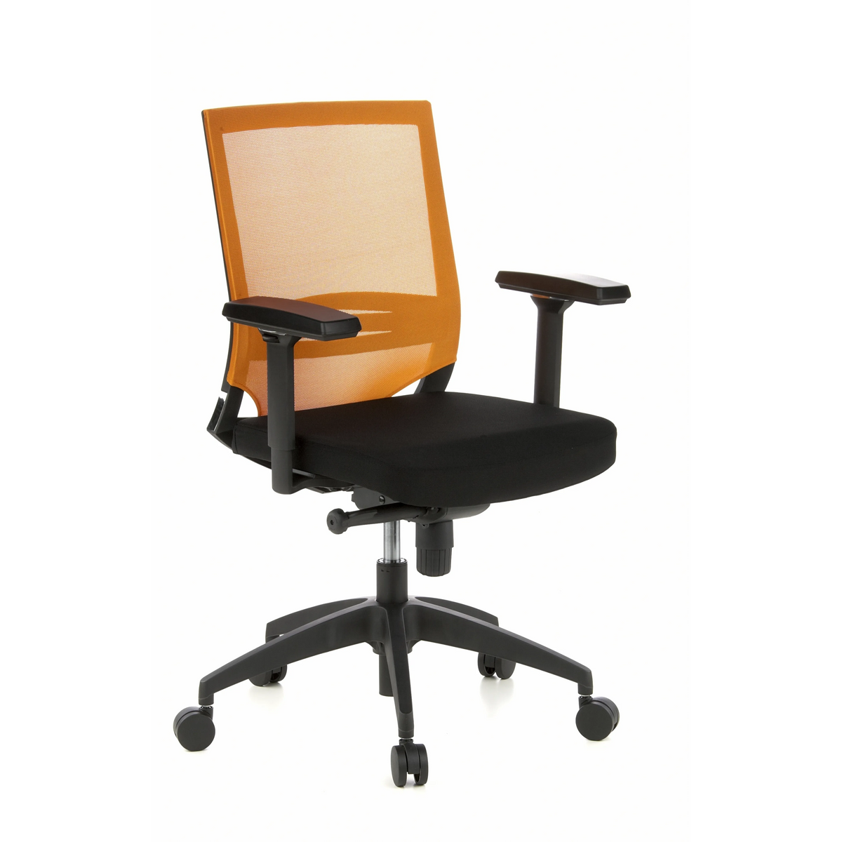 Sedia da ufficio professionale PORTO BASE nero-arancione con schienale in rete e base a cinque ruote di hjh OFFICE – vista a 360° (vista frontale a tre quarti 40°)