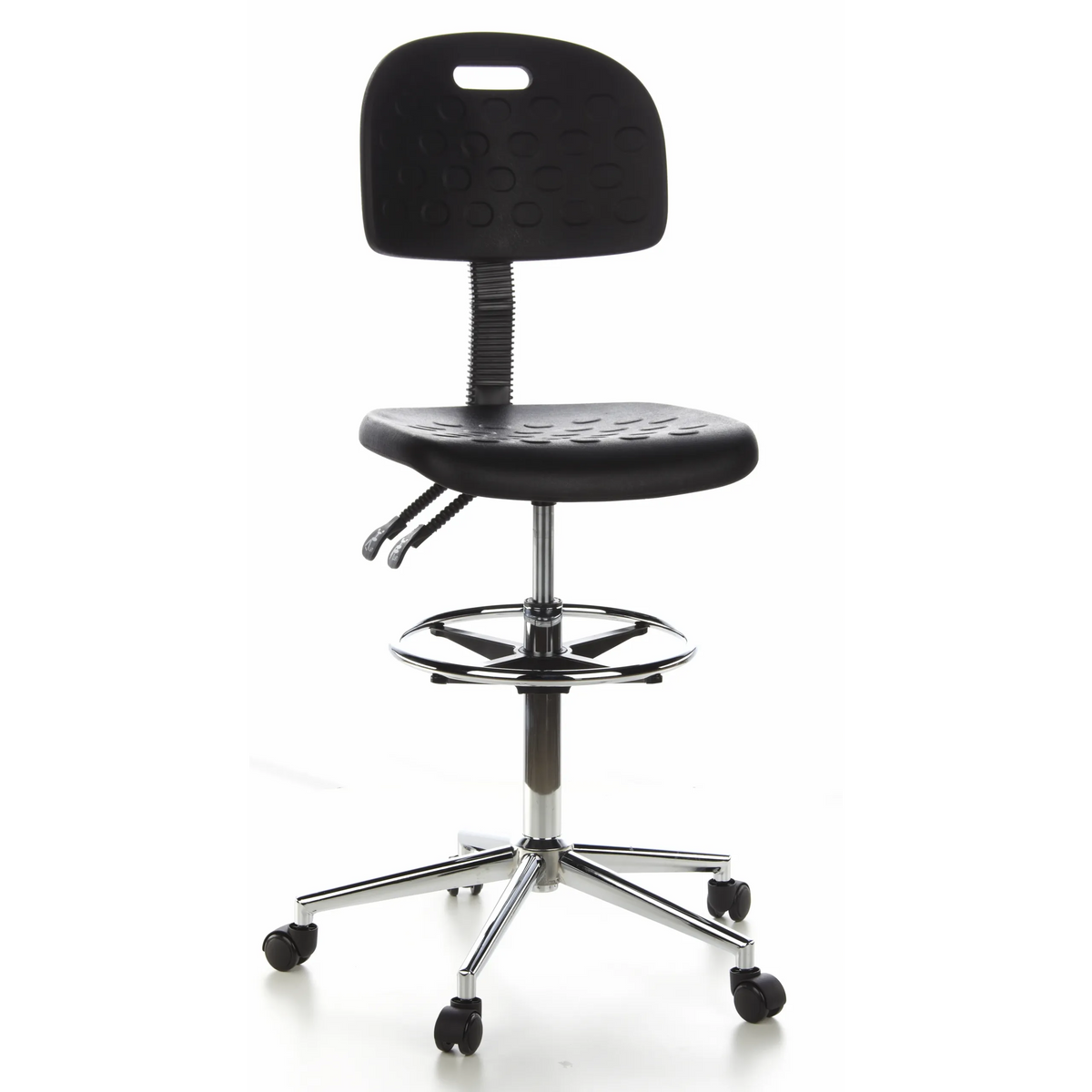 Sedia da banco nera TOP WORK 23 con poggiapiedi e base a cinque ruote di hjh OFFICE – vista a 360° (vista frontale 20°)