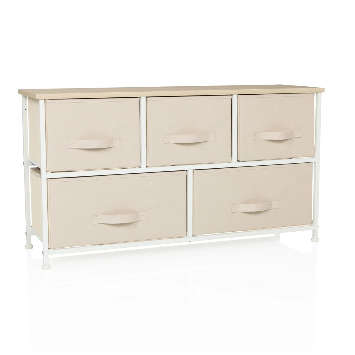 Cassettiera beige FOLDAR con cinque cassetti in tessuto e struttura bianca di hjh LIVING – vista a 360° (vista frontale 15°)