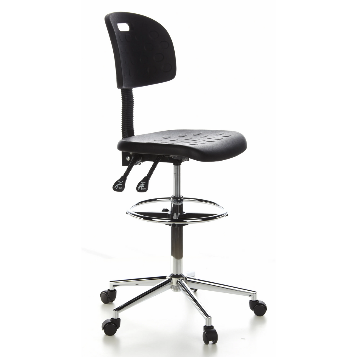 Schwarzer Counterstuhl TOP WORK 23 mit Fußring und Fußkreuz mit fünf Rollen von hjh OFFICE – 360-Grad-Ansicht (schräge Frontansicht 60°)