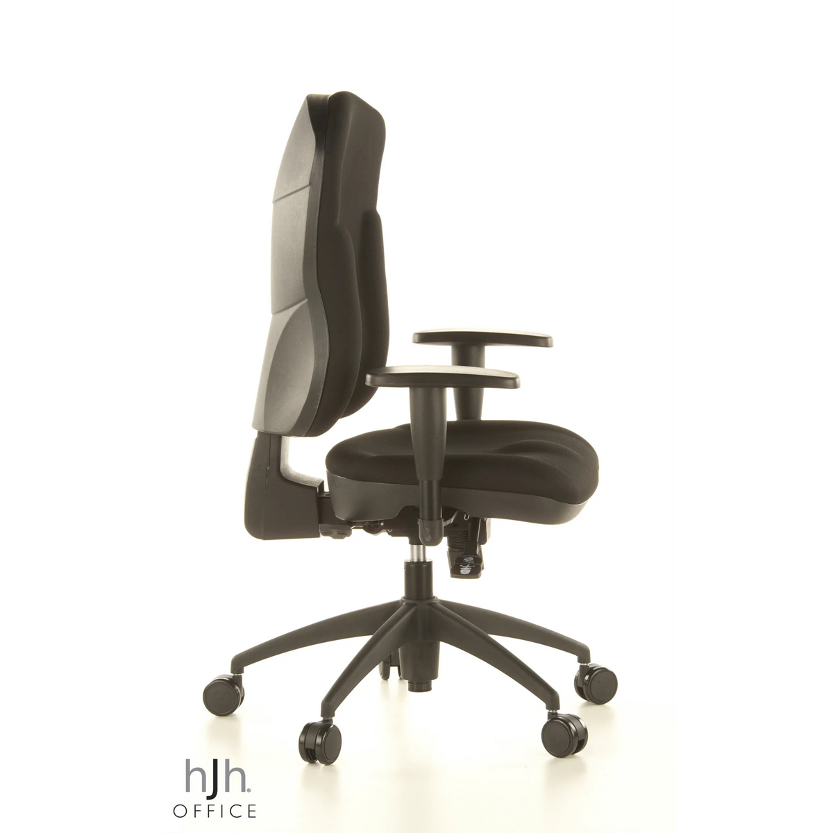 Sedia da ufficio professionale WELLPOINT 30 K2 nera con braccioli e base a cinque ruote di Topstar – vista a 360° (profilo laterale 80°)