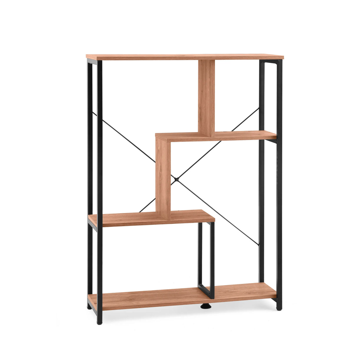 Scaffale Kalag Eco in nero e rovere con ripiani asimmetrici e crociera di hjh LIVING – vista a 360° (vista frontale 15°)