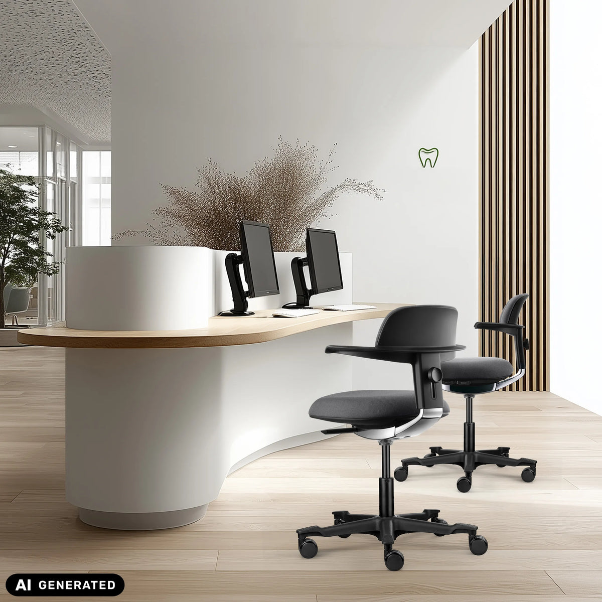 Due sedie da lavoro WORK 40 grigio scuro presso un banco reception curvo di hjh OFFICE (immagine generata dall’IA)