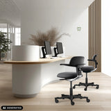Due sedie da lavoro WORK 40 grigio scuro presso un banco reception curvo di hjh OFFICE (immagine generata dall’IA)