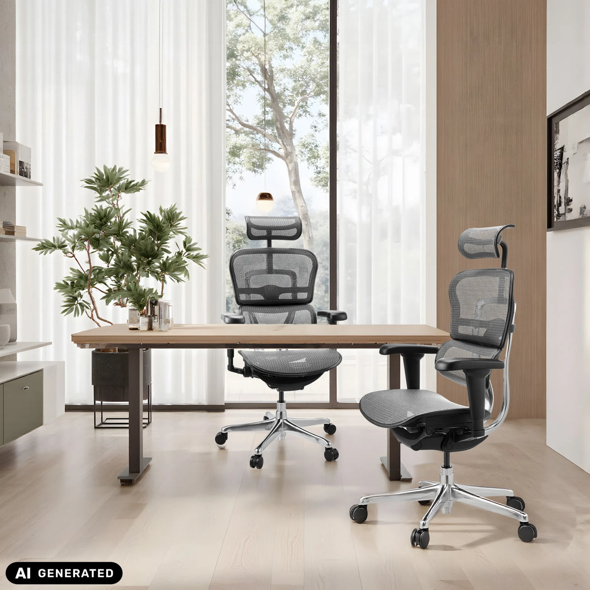 Due poltrone di lusso ERGOHUMAN ULTRA GEN2 grigie con schienale in rete a una scrivania di hjh OFFICE (immagine generata dall’IA)