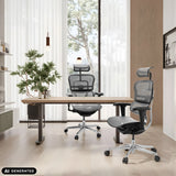 Due poltrone di lusso ERGOHUMAN ULTRA GEN2 grigie con schienale in rete a una scrivania di hjh OFFICE (immagine generata dall’IA)