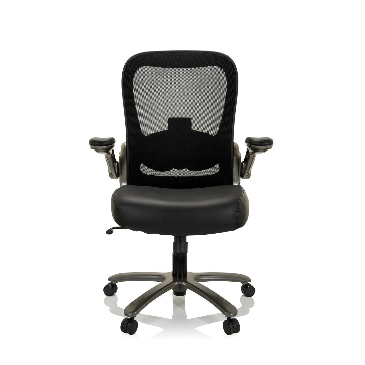 Sedia girevole XXL INSTRUCTOR T I nera con schienale in rete, seduta in pelle e base a cinque ruote di hjh OFFICE – vista a 360° (vista frontale 0°)