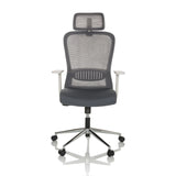 Grauer Homeoffice-Bürostuhl BELAIA W mit Netzrücken, Kopfstütze und Fußkreuz mit fünf Rollen von hjh OFFICE – 360-Grad-Ansicht (Frontansicht 0°)
