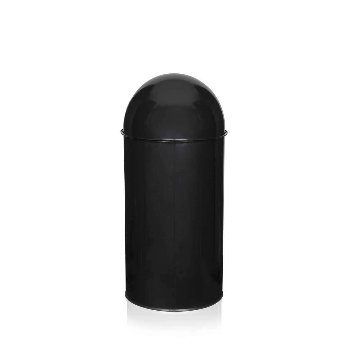 Schwarzer Mülleimer PUSH 35L mit gewölbtem Deckel und silberfarbener Einwurföffnung von hjh OFFICE – 360-Grad-Ansicht (schräge Rückenansicht 240°)
