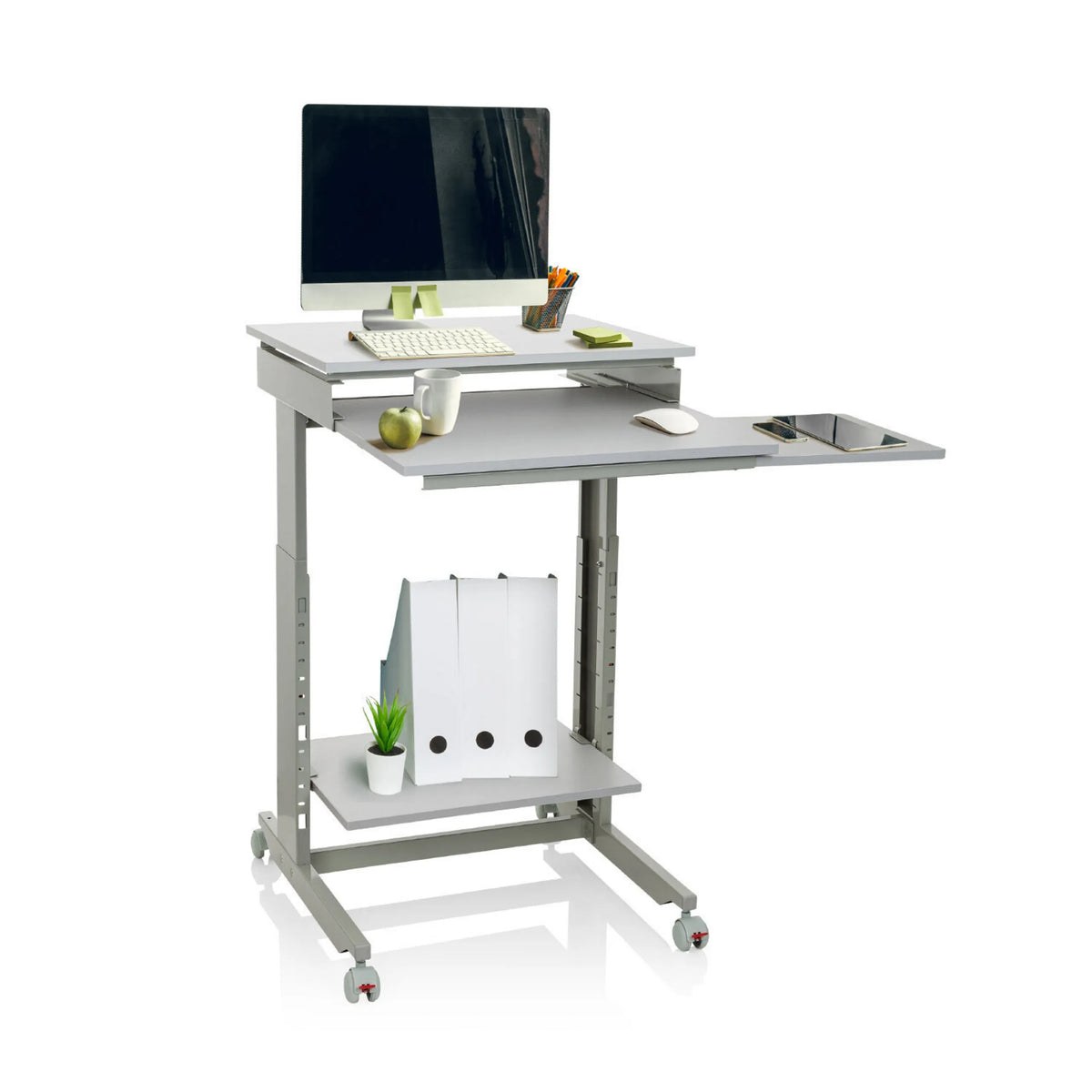 Scrivania in piedi WORKSTATION grigia con due livelli, vano portaoggetti e ruote di hjh OFFICE