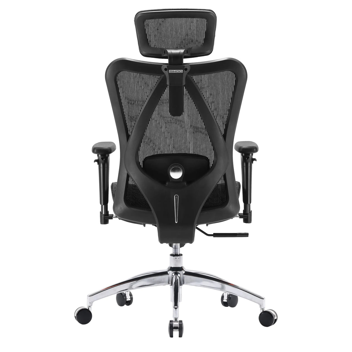 Retro della sedia da ufficio professionale M57-M015 in nero con schienale in rete e base cromata di Sihoo