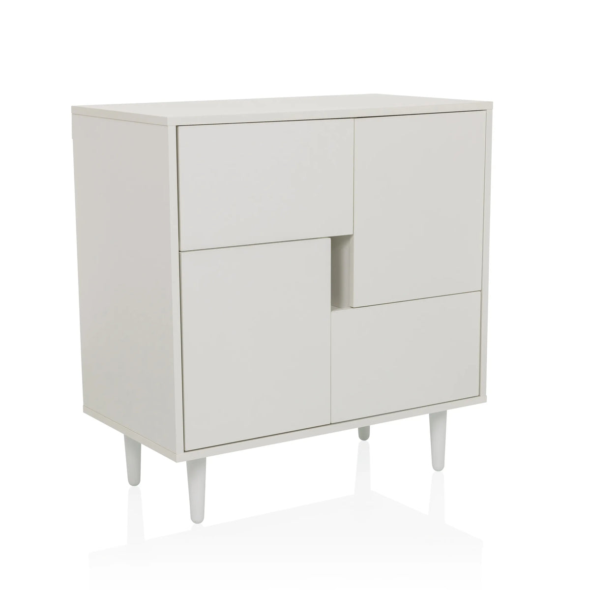 Cassettiera bianca LYKKJA con divisione frontale asimmetrica e quattro piedi di hjh LIVING – vista a 360° (vista frontale a tre quarti 30°)