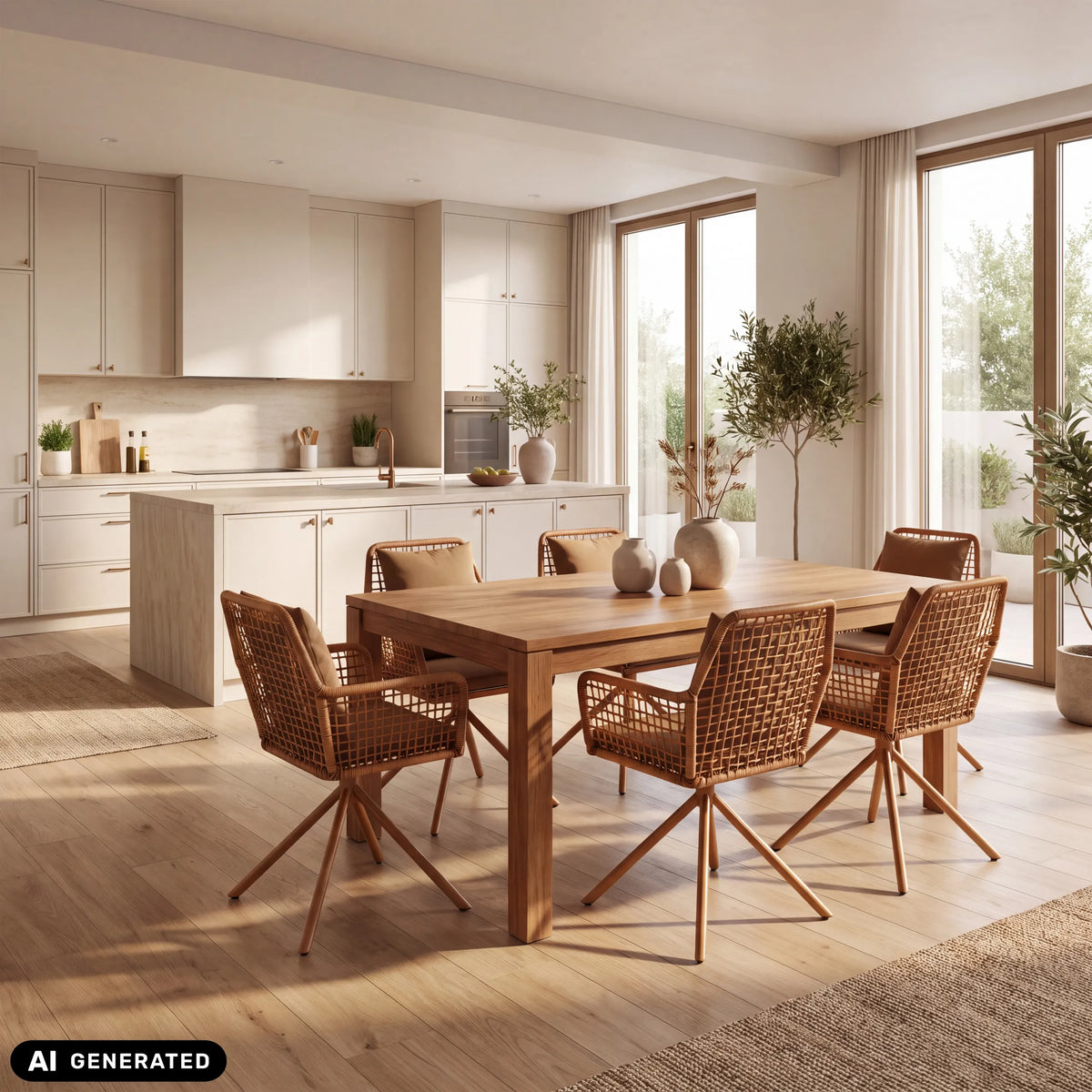 Sedie imbottite marroni Tavaro Korvik a un tavolo in legno in una zona pranzo luminosa di hjh LIVING (immagine generata dall’IA)