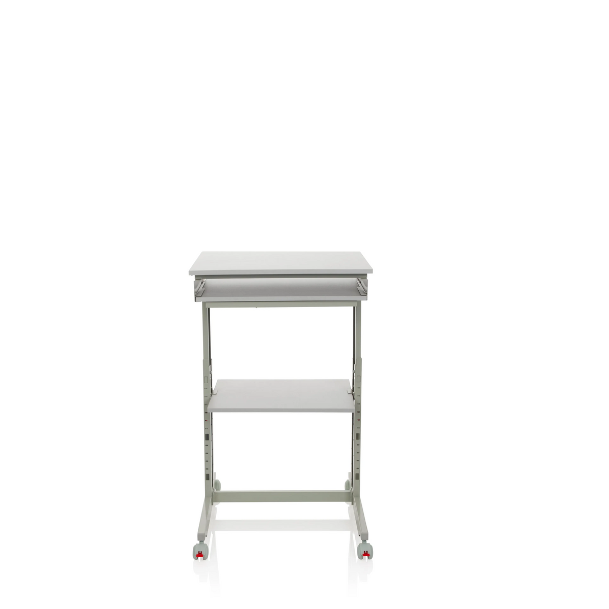 Grauer Stehschreibtisch WORKSTATION mit Ablagefläche und vier Rollen von hjh OFFICE – 360-Grad-Ansicht (Frontansicht 0°)