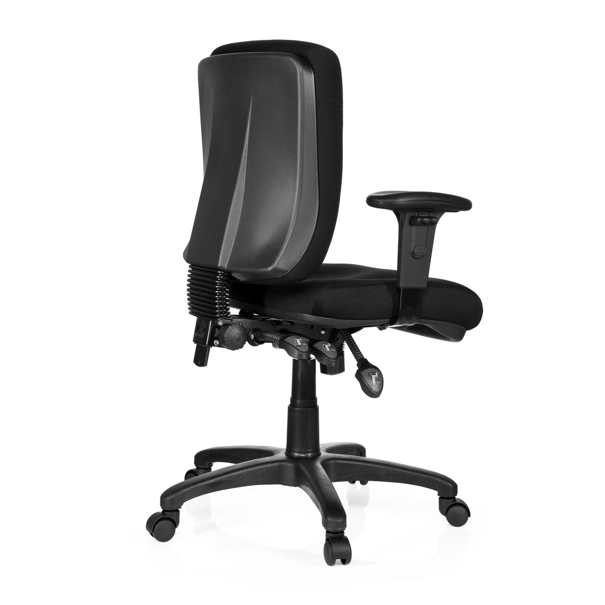 Sedia da ufficio professionale ZENIT BASE nera con braccioli e base a cinque ruote di hjh OFFICE – vista a 360° (vista posteriore a tre quarti 120°)