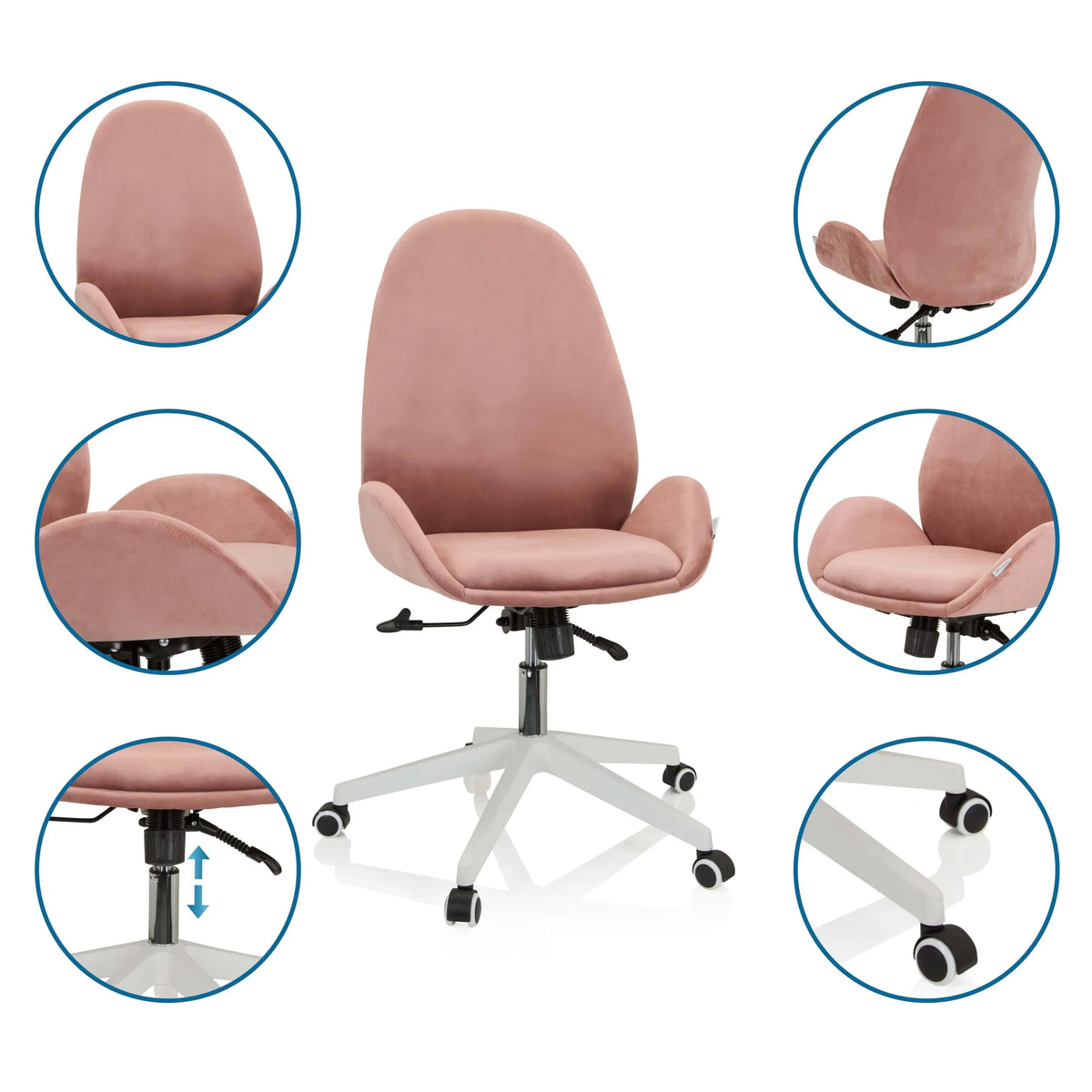 Sedia Home Office rosa AVEA con viste dettagliate dello schienale, del pistone a gas e delle rotelle di hjh OFFICE