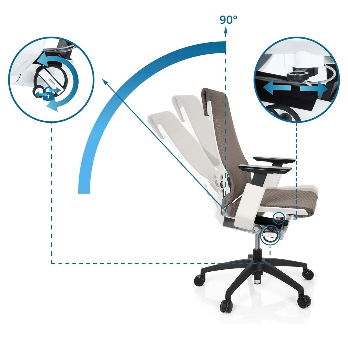 Schienale regolabile con angolo di 90 gradi della Sedia da ufficio professionale GENIDIA SMART WHITE di hjh OFFICE