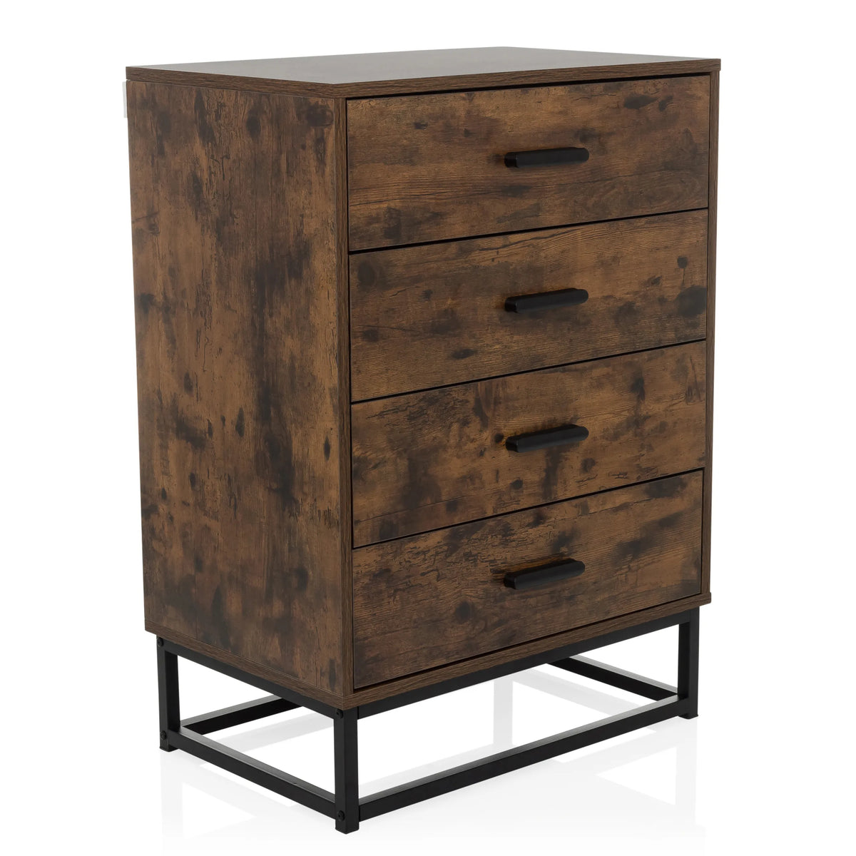 Cassettiera marrone VINSTRA con quattro cassetti e struttura in metallo nero di hjh LIVING – vista a 360° (vista frontale a tre quarti 30°)